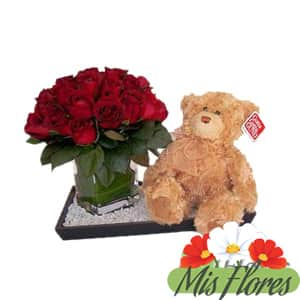 Arreglo en bandeja de 24 rosas y peluche - Mis Flores Bogotá.com